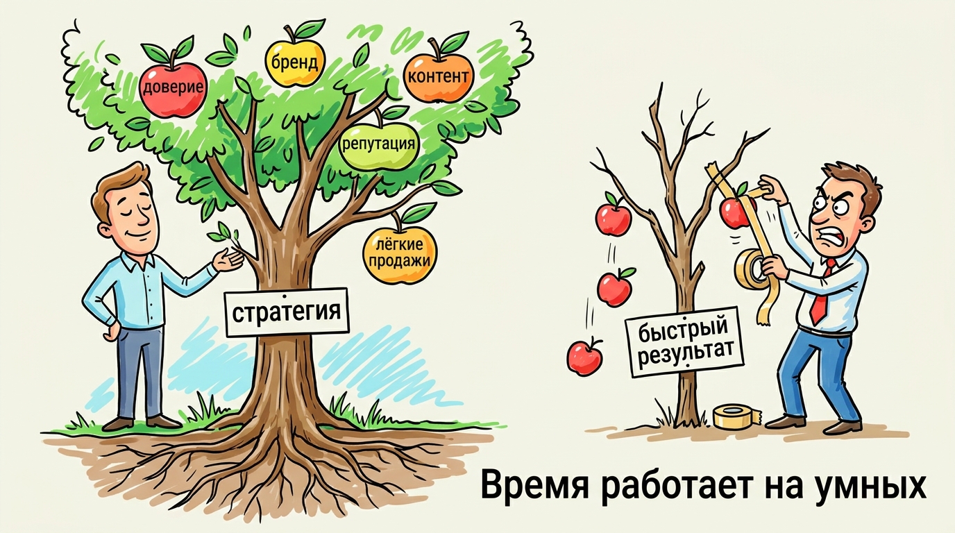 Иллюстрация бизнеса без стратегии: предприниматель бежит за быстрыми продажами над пропастью, метафора короткого горизонта планирования и тактического маркетинга. 