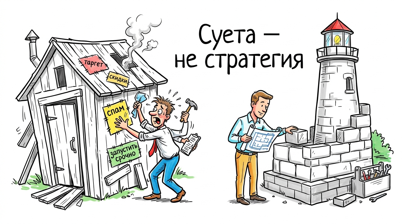 Иллюстрация бизнеса без стратегии: предприниматель бежит за быстрыми продажами над пропастью, метафора короткого горизонта планирования и тактического маркетинга. 