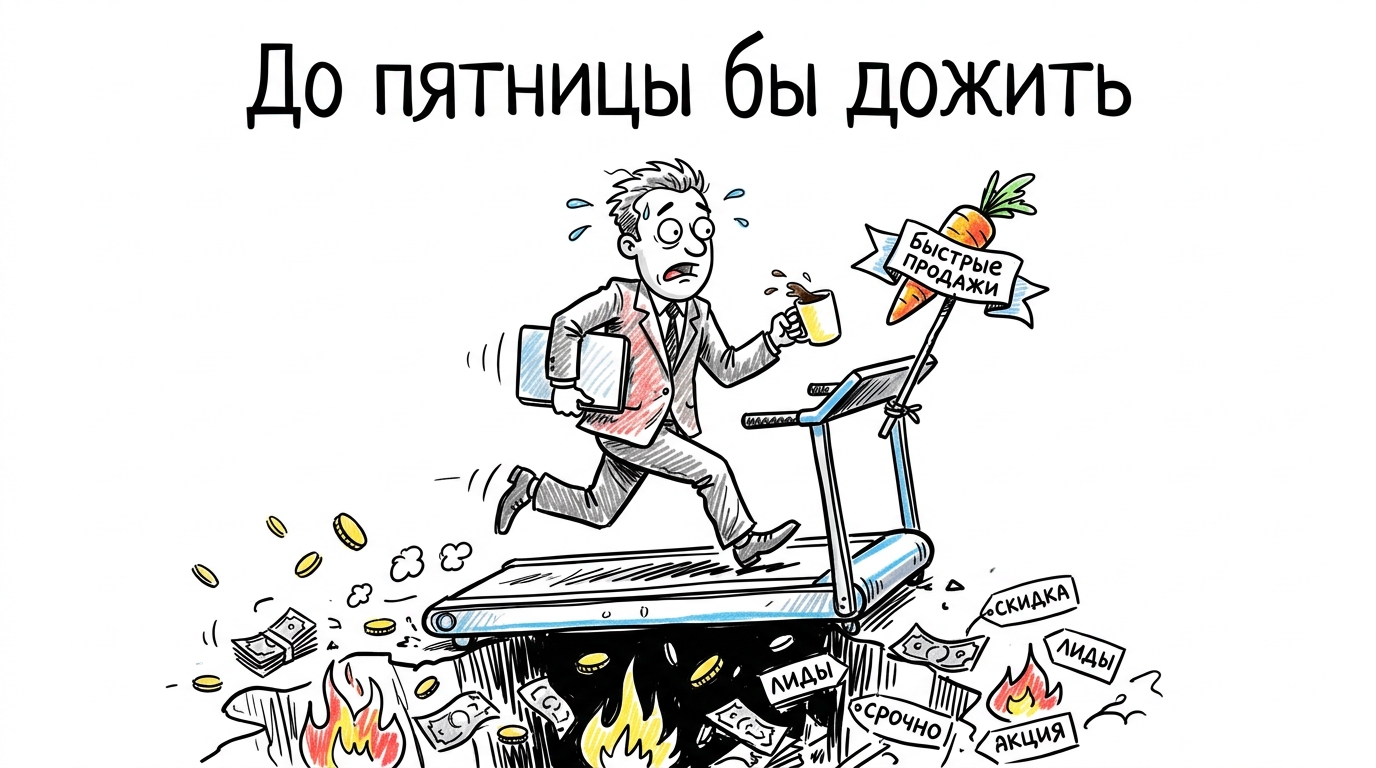 Иллюстрация бизнеса без стратегии: предприниматель бежит за быстрыми продажами над пропастью, метафора короткого горизонта планирования и тактического маркетинга. 